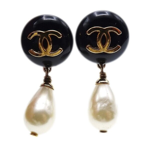 Chanel Artificial Pearl Dangle Earrings Clip-On 96P Black Gold 171169 - Picture 1 of 4